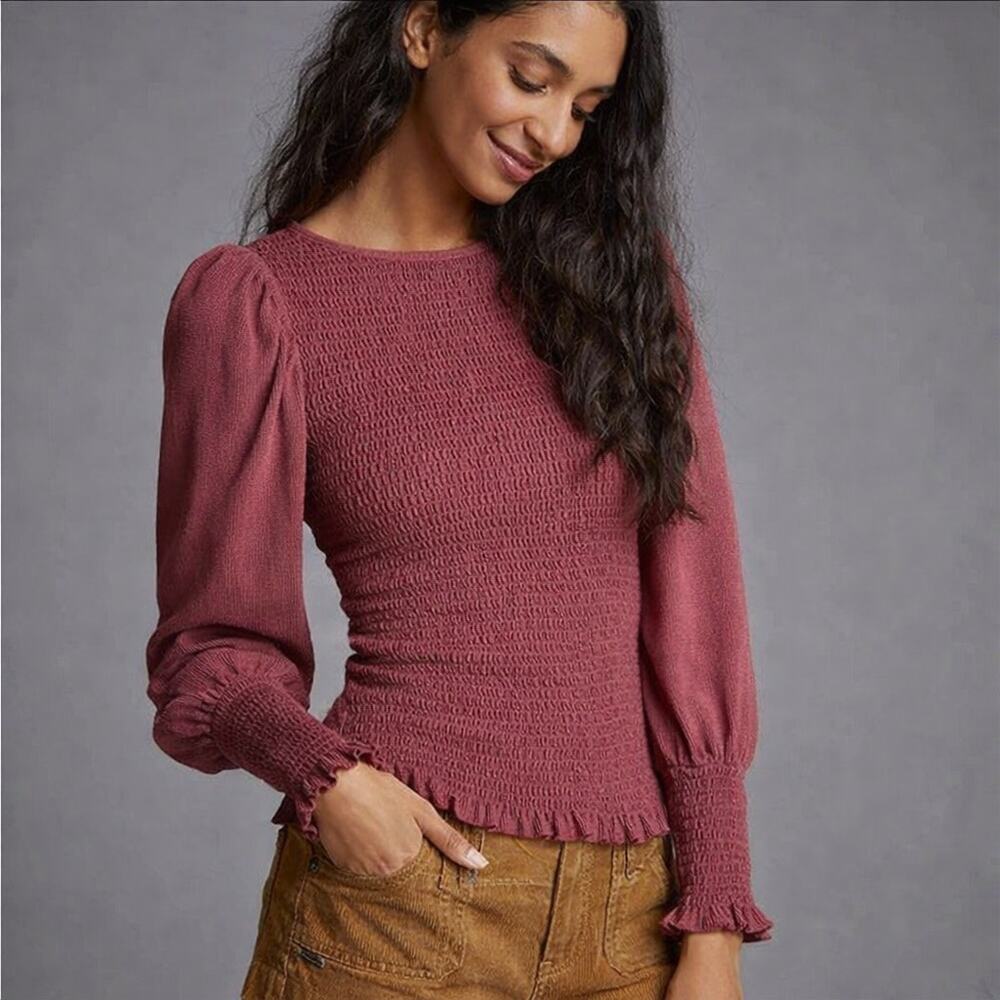 Anthropologie Peasant Puff Sleeve Smocked Blouse